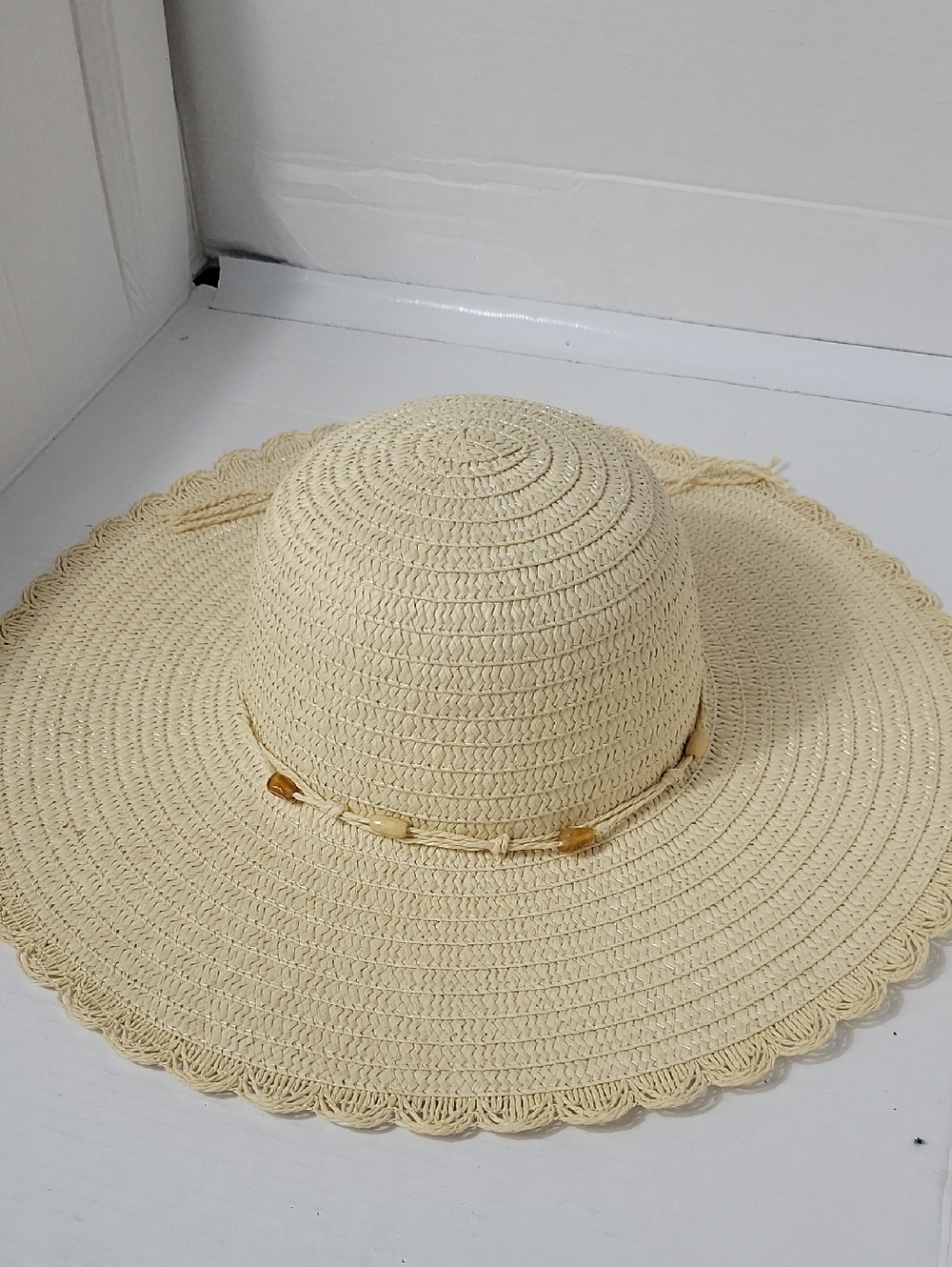 chatties Cream Straw Beach Sun Hat with Bead Trim